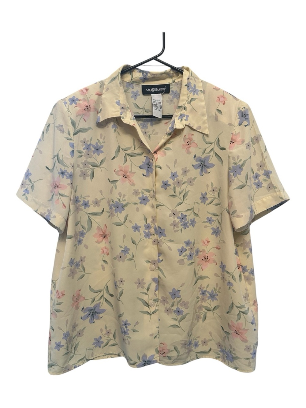 Vintage 80s/90s Sag Harbor Floral Button-Down Shirt Pink and Blue Flowers Large
